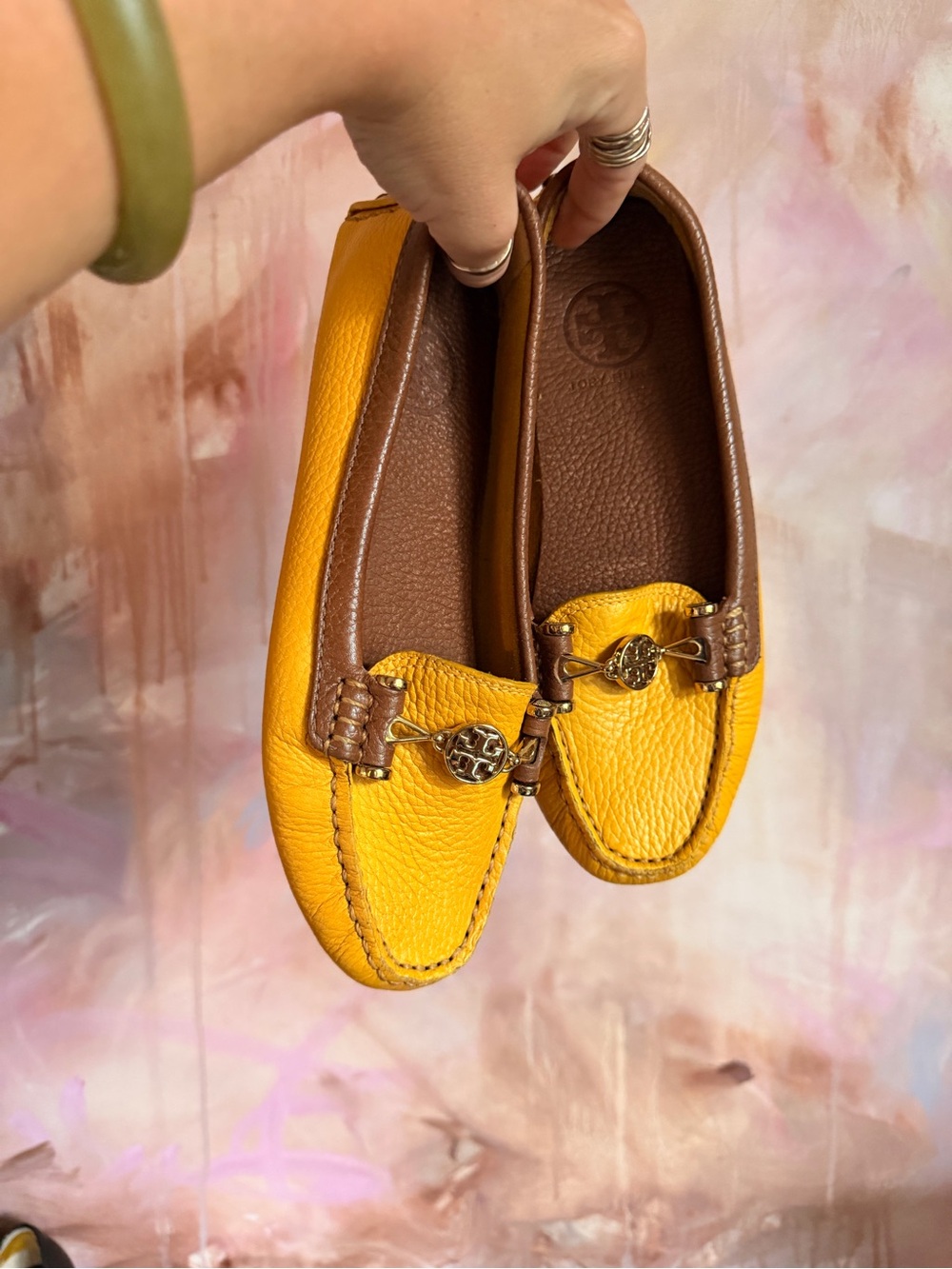 Tory Burch Yellow and Brown Pebbled Leather Driving Moccasins